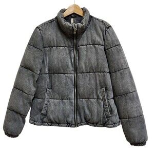 Marc New York Puffer Jacket Women L Cotton Stone Washed Black Zip Pockets Lined